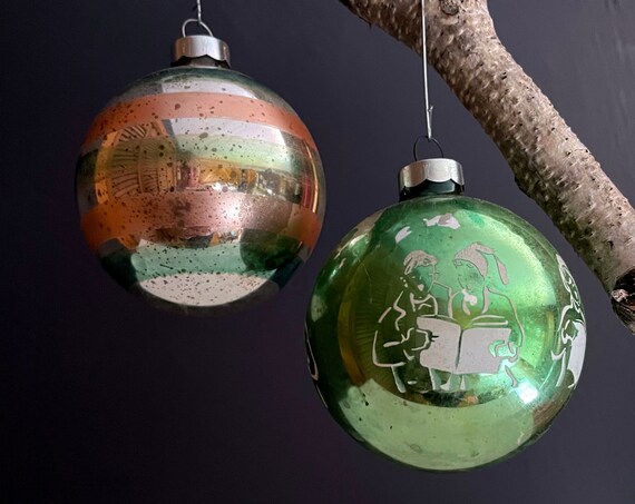 Vintage Christmas Balls Silvered Green Carolers White Mica Stenciled Ball Rare and Aqua Green Gold Striped Silver Ball Ornament Mid Century