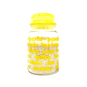 Vintage Canister Yellow Words Jar with Lid 1970s Glass Container For Everything Matches Peanuts Pasta Rice Pretzels Bright Yellow Kitchen