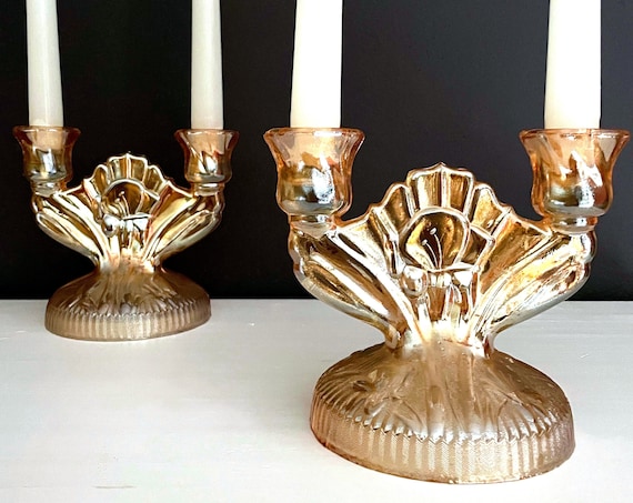 Vintage Candle Holders Pair Glass Taper Holders Peach Iridescent Iris Pattern Jeannette Glass 60s Depression Glass Double Light Candlesticks