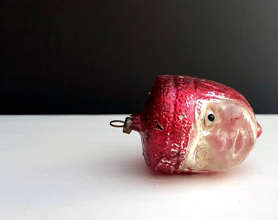 Vintage Ornament Joan Of Arc Head Glass Eyes Christmas Ball Germany 30s Rare Red Painted Molded Glass Collectible Antique Tree Trim w/ Flaws