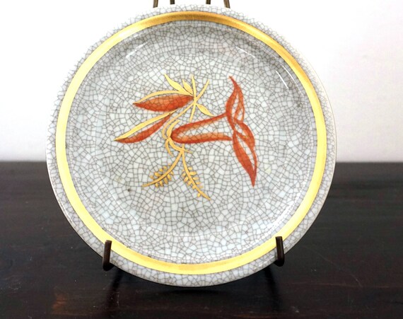 Vintage Royal Copenhagen Denmark Small Dish Lily of the Valley Hand Painted Orange Gold Crackle Grey Danish Porcelain Plate Mid Century