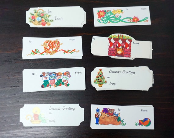 Vintage Gift Tags 80s Lot of 65 Assorted Gift Labels Presents Christmas Tags White Wreaths Poinsettias Stocking Balls Tiny Gift Cards Unused