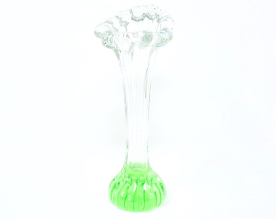 Vintage Green Vase Åseda Glasbruk Glass Dog Bone Vase Green Bubble Base Clear Neck Flared Rim 1970s Swedish Art Glass Collectible 10" Vase
