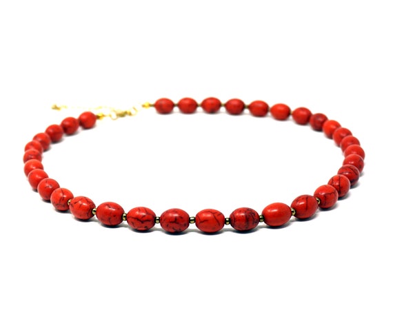 Vintage Red Turquoise Necklace Faux Bead Strand Engineered Stone Crimson Black Vein Oblong Beads Alternated Small Gold Tone Spacer Beads 24"