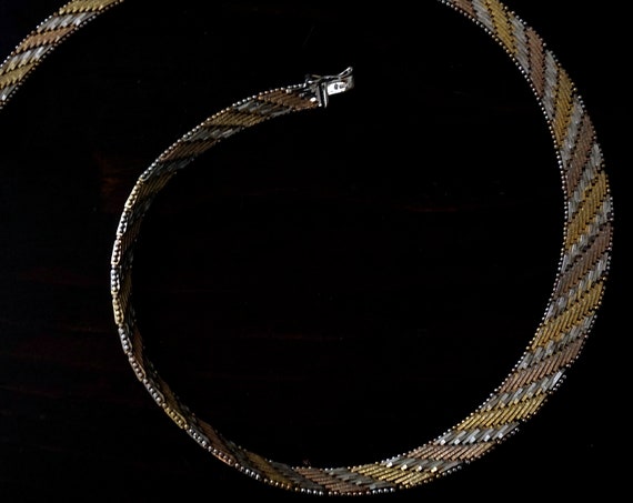Vintage 925 Silver Necklace 3 Tone Chevron Riccio Chain Tricolor Yellow Gold Bronze Toned Woven Graduated Width Flat Necklace Sterling Ital