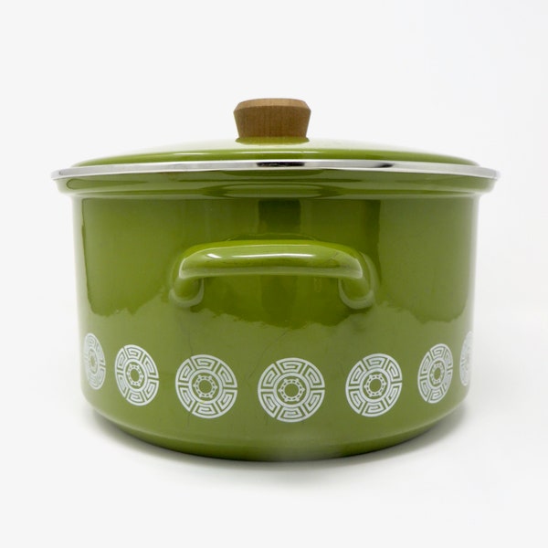 Vintage Enamelware Pot Asta Olive Green White Medallion Mid Century Cookware Germany