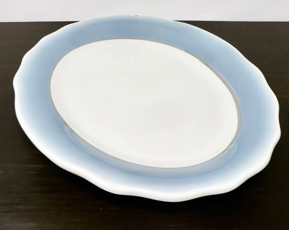 Vintage Oval Platter White Blue Airbrush Jackson China Restaurant Ware 1970s