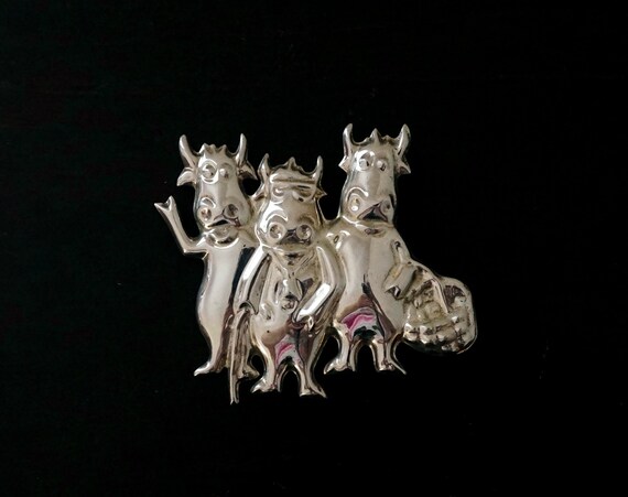 Vintage 925 Silver Cow Brooch 3 Bovines Standing with Cane Basket Hollow Sterling Cow Pin Large Unusual Anthropomorphic Jewelry Farm Themed