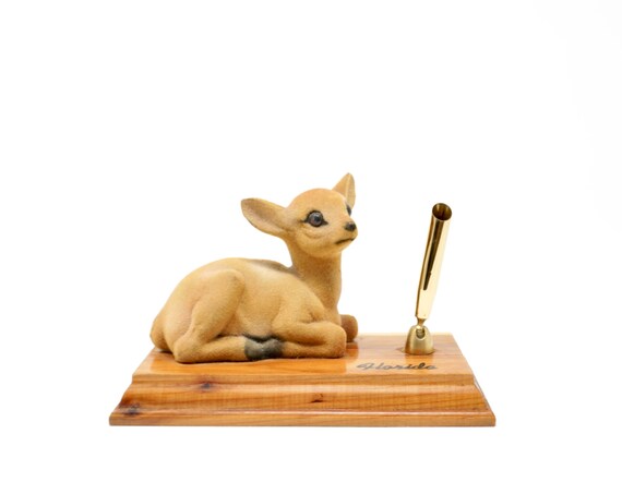 Vintage Flocked Deer Pen Stand Florida Souvenir Wood Base Single Pen Holder Desk Top Organizer