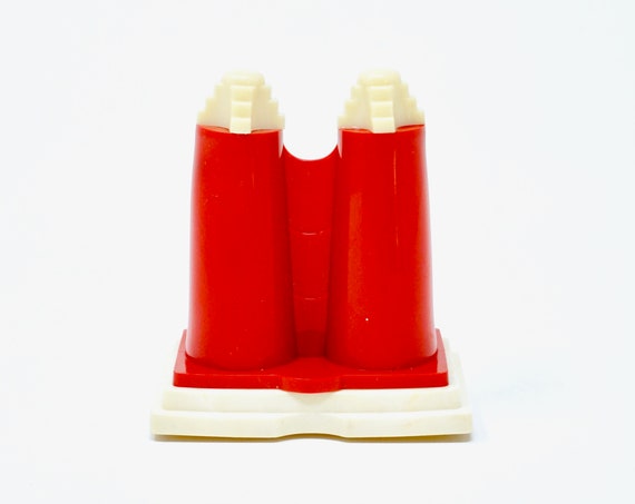 Vintage Deco Salt and Pepper Shakers RARE 1930s 1940s Push Button Shaker Set Conjoined Red Cream Plastic S and P Set One Piece Spring Loaded