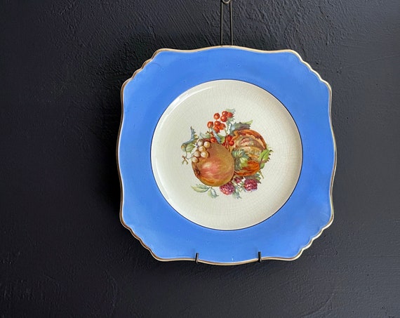 Vintage Plate Fruit Motif Blue Royal Winton Grimwades Pottery Transferware French Blue Border Scalloped Edge Dinner Plate Wall Hanging Dish