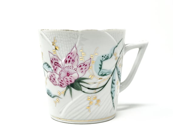 Antique Mustache Mug Pre-1890s Porcelain Teacup Gold Gilt Edges & Details Pink Blossom Teal Stem Likely German Made Moustache Cup w/ Handle
