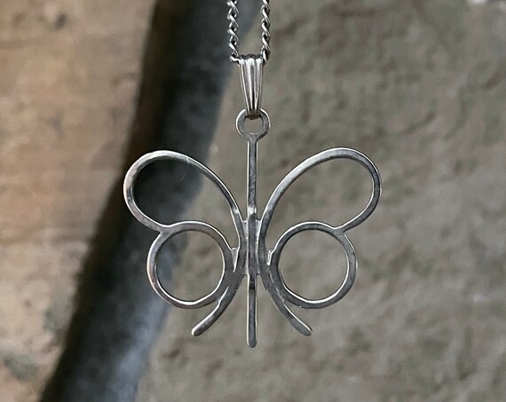 Vintage Butterfly Necklace Sarah Cov 1970s Silver Tone Butterfly Pendant Open Design Papillon Costume Jewelry
