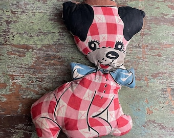 Vintage Handmade Stuffed Dog: Red Checkered Standish Cotton, 1960s