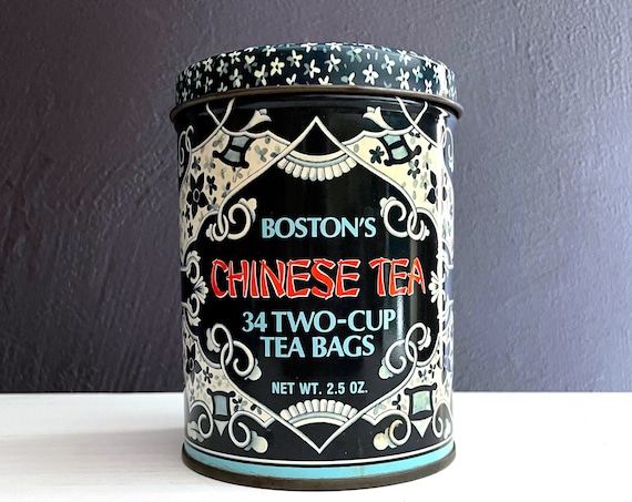 Vintage Tea Tin Boston’s Chinese Tea Original Packaging Cylindrical Tin Box with Lid Canister Unique Gift Wrap Boston Tea Co. Secaucus NJ