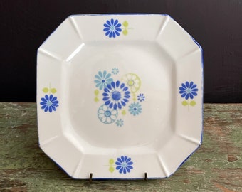Vintage Dish Blue Daisy Pattern Octagonal Plate Dessert Size White Salad Plate Green Aqua Blue Made In Japan