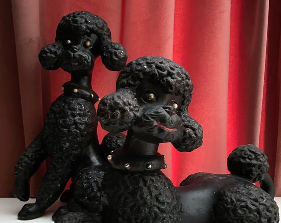 Vintage Black Poodles Pair Large Ceramic Figurines Glitter Poodle Sitting Standing Atlantic Mold Hand Painted Fancy Dogs Kitsch Collectibles