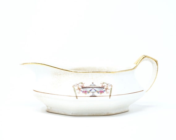 Antique Gravy Boat French China Company Martha Washington Pattern Pale Blue Urn Pink Floral Swags Gold Rim China Edwardian 1910s Crazed