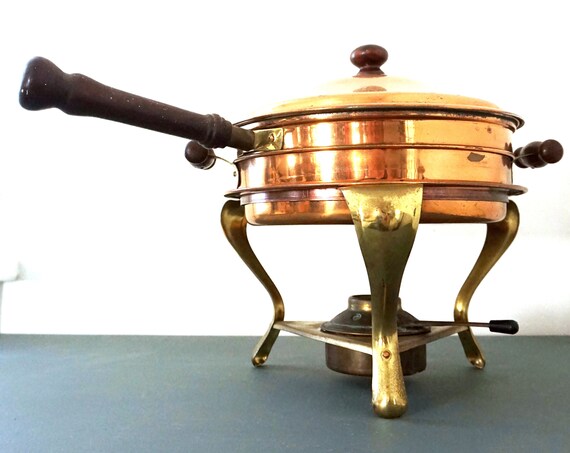 Vintage Copper Chafing Pots With Stand Double Boiler 5 Piece Set Frying Pan Wood Handles Pot Brass Stand with Burner Warming Pan Set 70s