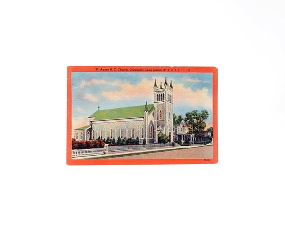 Vintage Postcard Greenport Church 40s Tomlin Art Linen Post Card St. Agnes Roman Catholic Church Front St. Greenport Village NY Nofo Unused