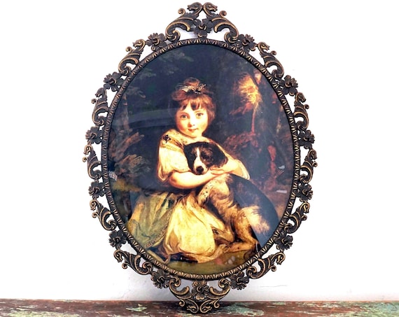 Vintage Girl With Dog Framed Miss Jane Bowles Sir Joshua Reynolds 1700s Mid Century Reproduction Italian Rococo Gold Frame Oval Convex Glass