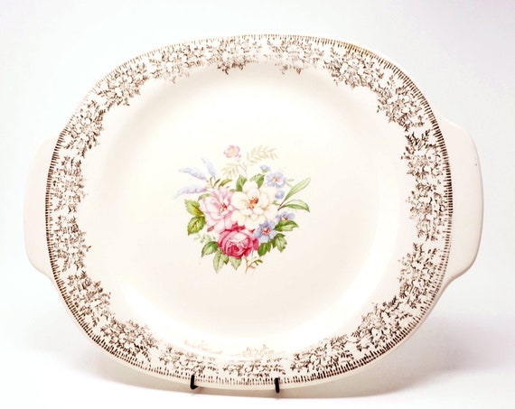 Vintage Platter Oval Handles 40s Triumph Rosalie Pattern Limoges USA Scalloped 22 Karat Gold Filigree Border Central Pink Rose Floral Spray
