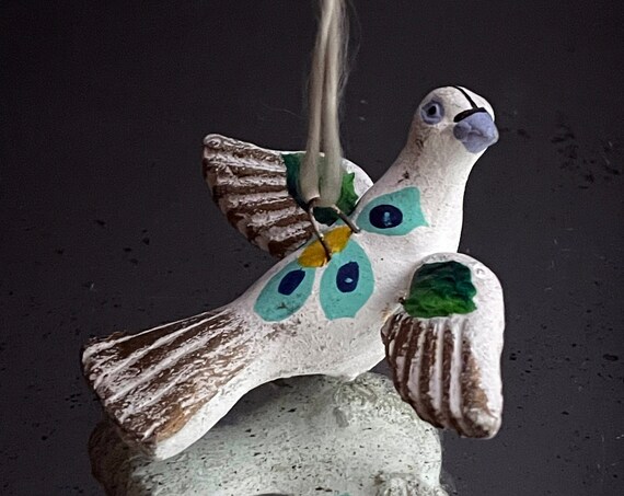 Vintage Mexican Bird Ornament Hand Painted Clay Dove White with Blue Flowers Mexican Handcrafted Terracotta Bird Hanging Ornament Christmas