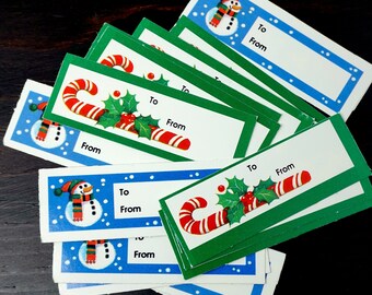 Vintage Gift Tags 17 Assorted 80s Paper Gift Labels For Presents Christmas Tags Green Candy Cane Blue Snow Man To/From Tag Retro Gift Labels