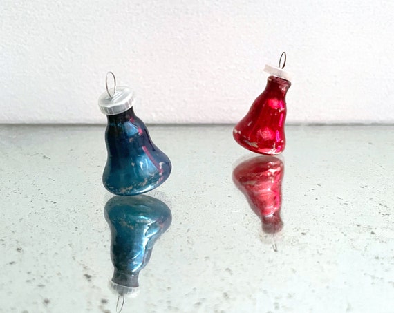 Vintage Miniature Bells Ornaments Blown Glass Silvered Bell in Blue and Red Tree Trim Tiny Ornaments Plastic Caps Mini Christmas Tree Decor