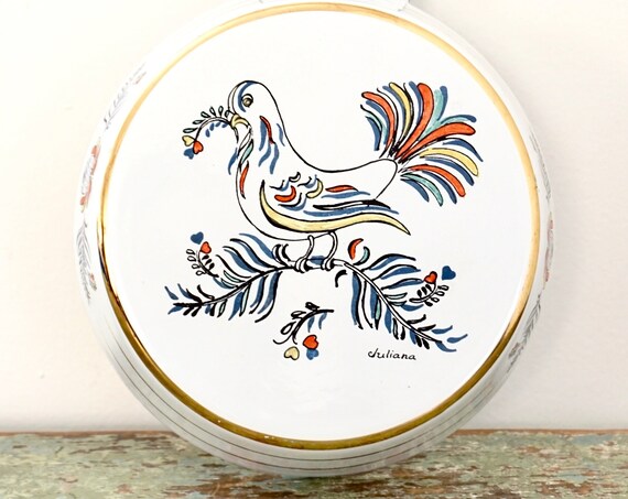 Vintage Pan White Enamel Hand Painted Folk Bird Small Egg Frying Pan Dela-ware Hand Colored 80s Delano Studios Setauket LI NY Signed Juliana
