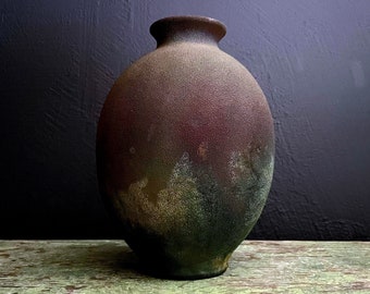 Vintage Raku Vase Small Iridescent Metallic Textured Surface Charcoal Jewel Toned Finish Bulbous Vessel Handmade Pottery Japanese Raku-Fired