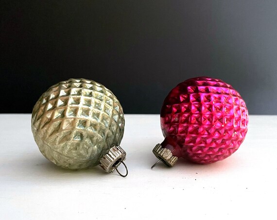 Honeycomb Ornaments Magenta and Aqua Silvered Glass Textured Bulbs 1960s Vintage Christmas Glass Balls Pair Fluted Caps Likely Shiny Brite