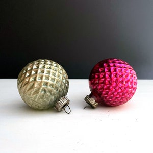 Honeycomb Ornaments Magenta and Aqua Silvered Glass Textured Bulbs 1960s Vintage Christmas Glass Balls Pair Fluted Caps Likely Shiny Brite