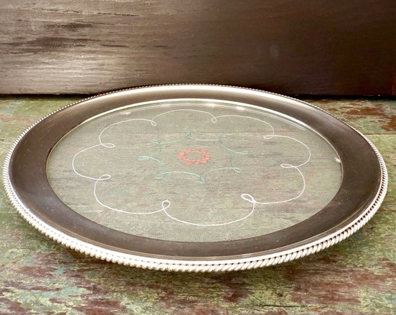 Vintage Cake Plate Silverplated Rim Embroidered Tulle Lace Sandwiched Between Glass Insert Mid Century Tray Round with Feet Made In Germany