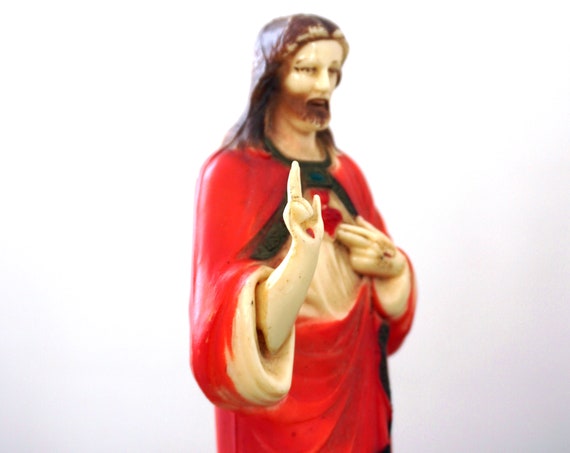 Vintage Plastic Jesus Statue 1960s Sacred Heart of Jesus Figurine Distressed Shabby Religious Catholic Idol Christ on Pedestal Base