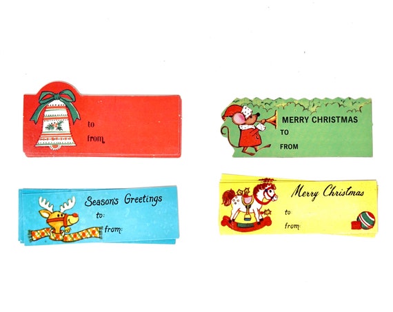 Vintage Gift Tags Assorted 14 Qty 60s Paper Labels Presents Christmas Reindeer Rocking Horse Bells Santa Mouse Tiny Gift Cards Retro Holiday