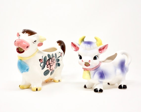 Vintage Bovine Creamer Set Bull Creamer Purple White Steer by Lefton 1950s Cow Creamer Floral Hand Painted Sow Blue Bell Ceramic Milk Pourer