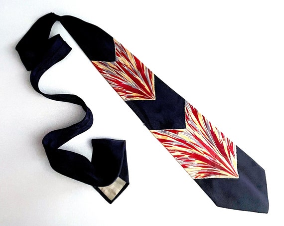 Vintage Tie Navy Blue Rust Orange Brushstroke Print Necktie 30s 40s Holdfirm Cravat America’s finest A Horkshire Product Retro Neck Tie Rare