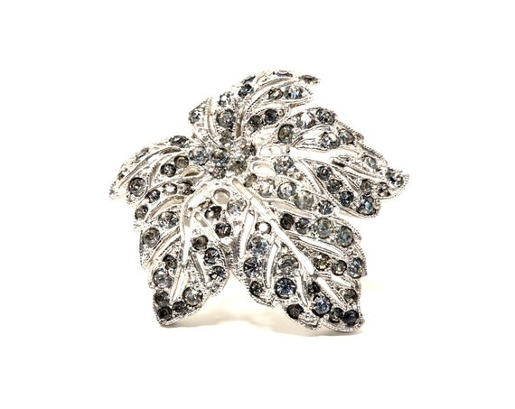 HOLD for SAIRA Dress Clip Leaf Rhinestone Silver Metal Clip w/ Prongs Faux Diamond Crystal Encrusted Maple Leaf Costume Jewelry Repurpose