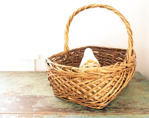 Vintage Basket Handled Large Rectangular Woven Carrying Basket Bentwood Twisted Handle Gift Basket Display Garden Picking Flower Rustic Tote