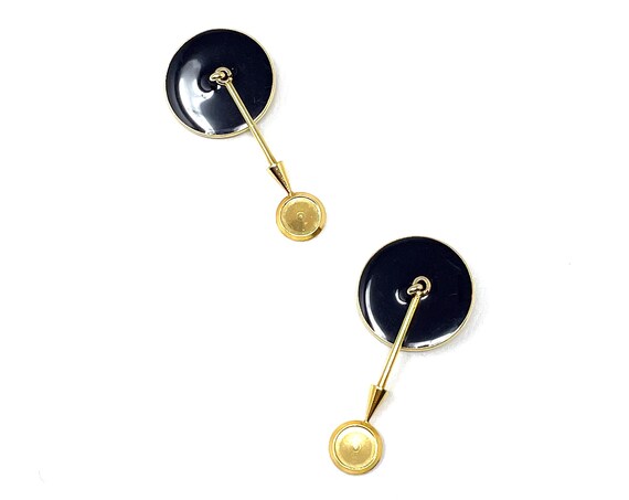 Vintage Dangle Earrings Clip On Black Disc Gold Pendulum Style Earring Pair Enameled 1980s Costume Jewelry