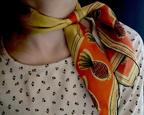 Vintage Vera Scarf Pineapple Print Silk Scarf Yellow Orange Pineapples Square 16" x 16" Scarf Vera Neumann Designer Scarf Hand Rolled Edge