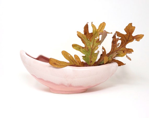 Vintage Pink Pottery Vase Asymmetrical Two Tone Baby Pink Glazed Oblong Vessel for Floral Display Planter Handmade Plant Pot 50s Pottery USA