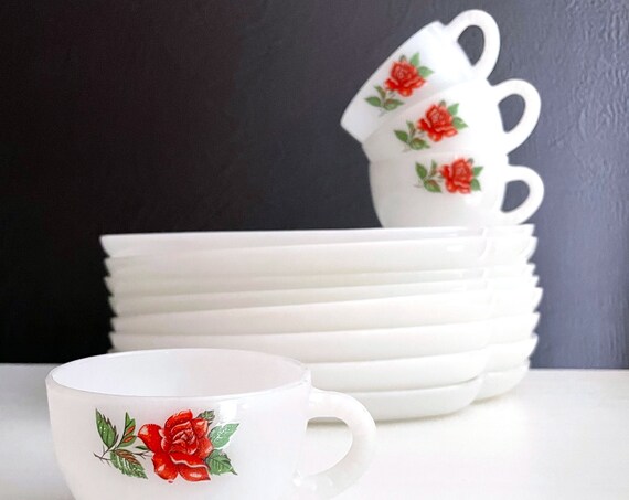 Vintage Rosecrest Snack Sets and Single Plates Federal Glass Tea Cup Plate Pairs and Single Oblong Plates Openstock Milk Glass Luncheon Sets