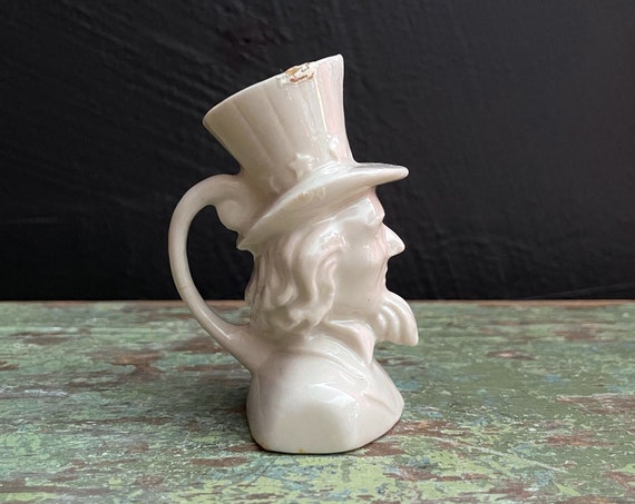 Vintage Uncle Sam Mug Very Tiny Handled Cup White Porcelain Bust of Uncle Sam Bicentennial Pottery Miniature Cup with Handle Shot Glass Size