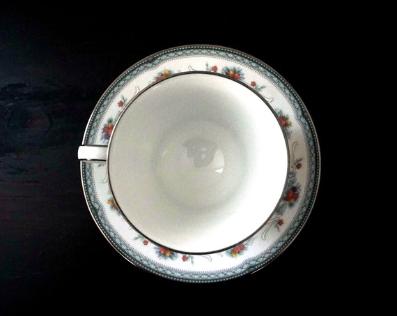 Vintage Brookvale Tea Cup and Saucer Noritake Legendary Line Pale Blue Silver Rim Fruit & Floral Rim Platinum Trim Discontinued Noritake 90s