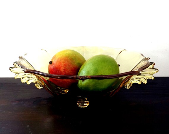 Vintage Bowl Yellow Glass Fostoria Baroque Dish Ornate Handles Scalloped Edge Display Bowl Serving Clear Golden Glass Mid Century