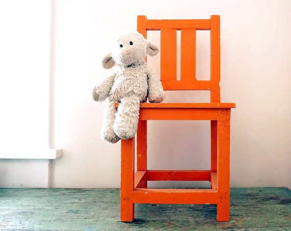 Vintage Orange Chair Rustic Wood Doll Furniture Dining Chair Display Piece Kitchen Chair Wall Shelf Farmhouse Chair Bright Orange Kid's Room