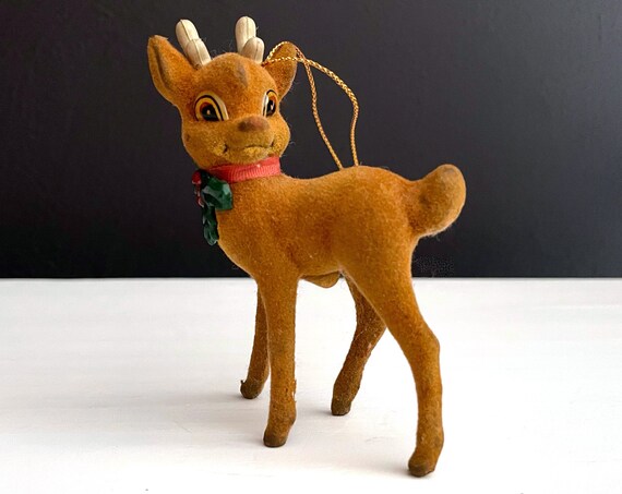 Vintage Reindeer Ornament Flocked Deer Christmas Tree Hanging Ornament Rudolph Small Fuzzy Deer With Antlers Tree Trim R.L. May