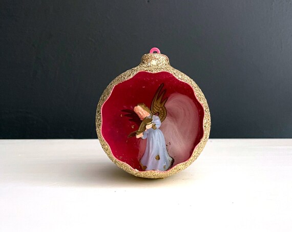 Vintage Diorama Ornament w/ Angel Jewelbrite Gold Glitter Ball Dime Store Angel Pink Interior Larger Ball White Spun Glass Angel Hair Cloud